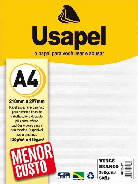 Papel Verge A4 180g 50F Ref.25027 Branco